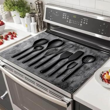 Imagem de HOMETITUTE Utensílios de cozinha pretos modernos capa superior de fogão 71 x 50 cm tapete decorador de fogão elétrico tampa superior de vidro protetor resistente ao calor almofada superfície tapete de