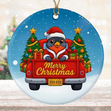 Imagem de DamienBrightGift Enfeite de Natal Robin Bird in Red Truck - Decoração de cerâmica animal de Papai Noel fofo - Presente de lembrança de feriado para amantes de pássaros - Decoração caprichosa de árvore