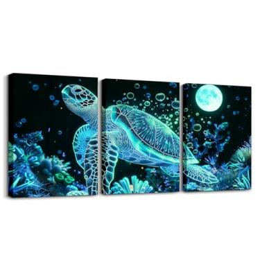 Imagem de Arte de parede em tela de tartaruga marinha, neon azul-petróleo tartaruga lua estrelada glitter tapeçarias de parede estéticas para sala de estar quarto, decoração de parede de animais submarinos