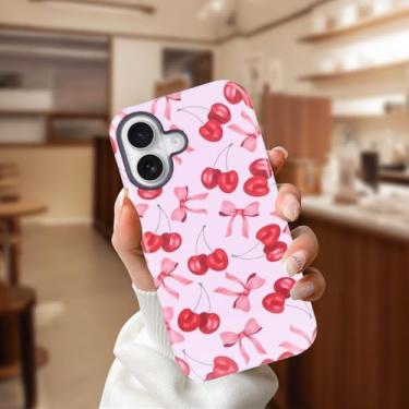 Imagem de VALRION Capa fofa compatível com iPhone 16 Plus Max com laço rosa de cereja para meninas e mulheres, fina, à prova de choque, macia, TPU brilhante, colorida, estética