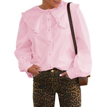 Imagem de Blusa feminina Tankaneo com botões, manga folhada, rosa, algodão