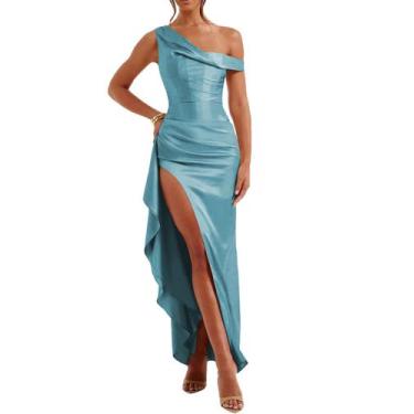 Imagem de Vestido de festa Alphirkut plissado, longo, de cetim, sem ombros, aqua