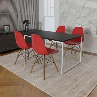 Imagem de Mesa Industrial Base Ferro Branco Tampo 137X90 Preto 4 Cadeiras Madeira Assento Vermelho Preto