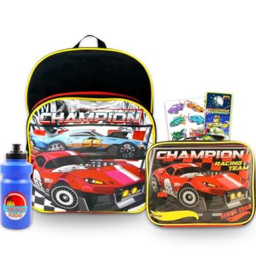 Imagem de Hot Wheels Conjunto de mochila com lancheira para meninos e crianças – Pacote de mochila de carro de corrida de 40,6 cm e lancheira isolada com garrafa de água, tatuagens, mais
