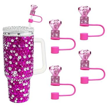 Imagem de JIASHEBDE Conjunto de 4 peças de topo de palha de diamante brilhante, bonés de palha de strass elegantes compatíveis com copos Stanley de 850 g 1,134 g, presente compacto perfeito para mulheres (rosa
