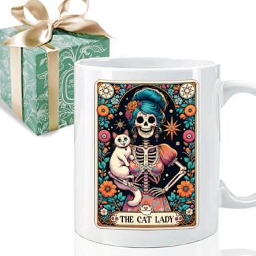 Imagem de Puouoonyi The Cat Lady Tarot Card Skull Mug Presentes para amantes de gatos, presentes engraçados para amantes de gatos esqueleto para mulheres, caveira esqueleto gatos senhora xícara de café 325 ml