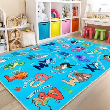Imagem de Bolacrom Tapetes infantis para sala de jogos, tapete educativo para aprender o alfabeto ABC, macio, lavável na máquina, antiderrapante, fofo, organismos marinhos para sala de aula, berçário, decoração