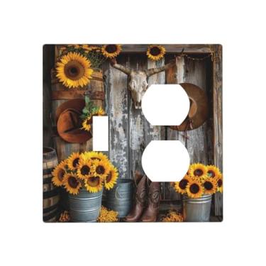 Imagem de BHGAHD Capas de tomada decorativas com chapéu de girassol ocidental design de porta de celeiro de madeira placa de parede de 2 gangues interruptor de luz dupla interruptor de luz para decoração de