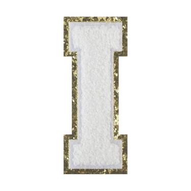 Imagem de 1 PÇ Patch de letra de chenille de ferro branco de 11,4 cm com borda dourada – Remendos do alfabeto para roupas, jaquetas, mochilas, chapéus para decoração personalizada, nome personalizado e