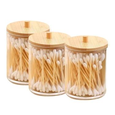 Imagem de Porta Cotonete Acrílico com Tampa Bambu Alta Durabilidade, Vedação e Armazenamento Eficiente (Kit 3 Pequeno (P))