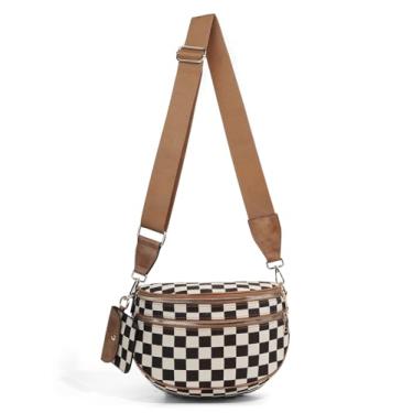 Imagem de Pochete para mulheres, bolsa transversal quadriculada, bolsa quadriculada, bolsa preta e branca, bolsa de cinto quadriculada, Marrom, 220.00x50.00x140.00mm (8.66x1.97x5.51inch), Retrô