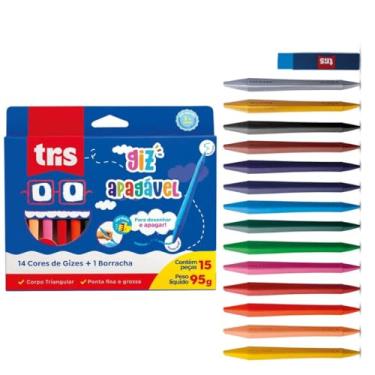 Imagem de Giz de Cera Apagável 12 Cores + 2 Cores Metálicas e 1 Borracha Tris