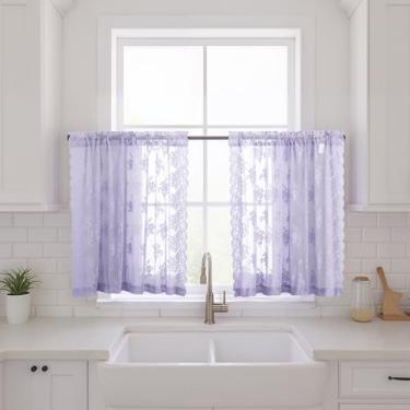 Imagem de Cortinas transparentes roxas claras de 113 cm de comprimento, 2 painéis, L 106 cm x C 113 cm cada, cortinas de renda floral rústica vintage para armário e janela de banheiro, cortina de renda com