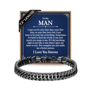 Imagem de IEFLIFE Pulseira de presente para homens - prata/preta de aço inoxidável cubano corrente corrente presente para filho neto, presente de aniversário para homem, namorado, pulseira masculina de 8 mm de