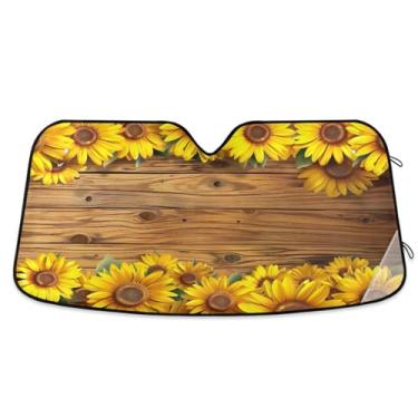 Imagem de Qilmy Para-brisa de carro com fundo de madeira de girassol, protetor de viseira dobrável, mantém fresco, bloqueia raios UV e acessórios para proteger carros, SUVs, caminhões-M1675