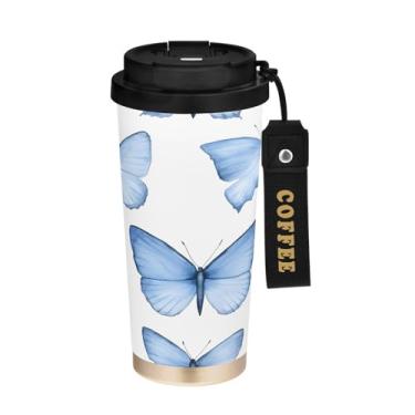 Imagem de YETTASBIN Caneca de café Butterfly com isolamento térmico de 482 g com tampa canudo, copo à prova de derramamento e vazamento com alça para bebida quente e fria, garrafa de água de aço inoxidável