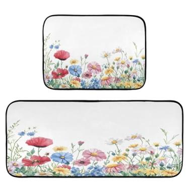 Imagem de Qilmy Tapetes de cozinha de flores silvestres aquarela 2 peças, tapete de entrada frontal, antiderrapante, alivia a fadiga, lavável, tapete para cozinha, quarto, varanda607