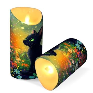 Imagem de Blueangle Pacote com 2 velas sem chama de gato preto com controle remoto e temporizador, velas LED cintilantes (7,6 cm x 15 cm) para decoração de casa, casamento, acampamento (507)