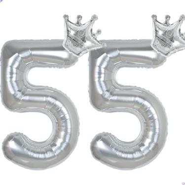 Imagem de 55 balões números de 101,6 cm prata número balão para decorações de aniversário de 55 anos para homens e mulheres, decoração de aniversário gigante jumbo Mylar 55 para ele ela
