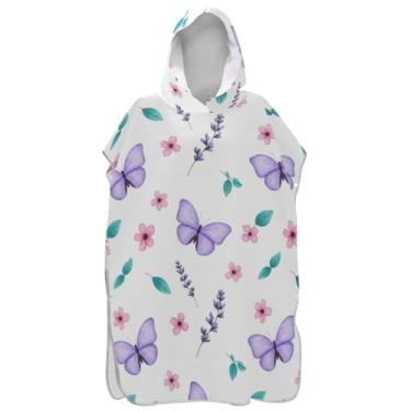 Imagem de Joisal Poncho de surfe trocador de roupão adulto praia moletom toalha natação wearable adulto ponchos para mulheres borboletas roxas branco