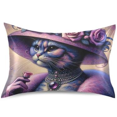 Imagem de Lindas capas de almofada de cetim com flores de gato para cabelo padrão King Queen capas de travesseiro de desenho animado refrescante capa de almofada macia para cama, tamanho padrão, 66 cm x 50 cm