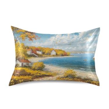 Imagem de Cena de outono paisagem de praia fronhas de cetim lindas personalizadas resfriamento padrão king queen capas de travesseiro para cama de casa tamanho king 101,6 cm x 50,8 cm