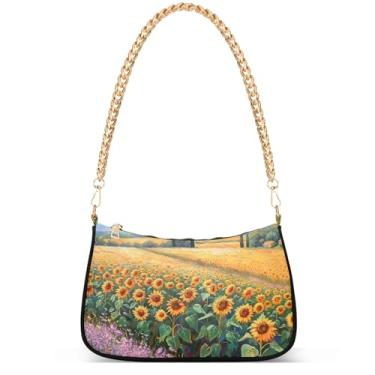 Imagem de Fantasia sereia sob o mar sacola Hobo bolsa feminina vintage bolsa de mão corrente pequena bolsa de ombro, Pintura de paisagem de campo de girassol