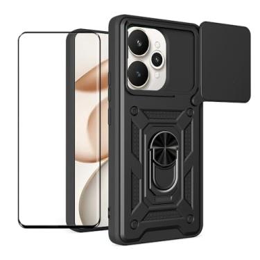 Imagem de CNPUTAO Capa para Realme 15 / Realme 15 Pro 5G com protetor de tela de vidro temperado, janela deslizante para câmera, suporte, capa de telefone de camada dupla antiarranhões à prova de choque, preta