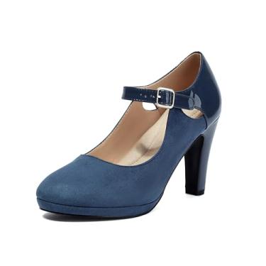 Imagem de Elerhythm Sapatos femininos Mary Jane Heels retrô fechado bico redondo camurça tira em T sapatos vintage, Azul, 38