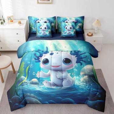 Imagem de Feelyou Conjunto de edredom solteiro fofo com estampa kawaii, estampa kawaii, oceano marinho, 7 peças, azul, desenho animado, salamandra, presente para meninas e mulheres, luz do sol
