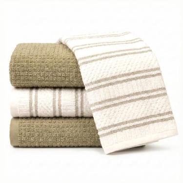 Imagem de MosJos Toalhas de mão de cozinha, conjunto de 4 toalhas de mão, 45 x 71 panos de prato super absorventes cinza-acastanhado e branco sólido e design listrado