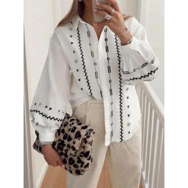 Imagem de Camisa feminina de manga comprida bordada branca - blusa preta com botões frontais, Branco, Small