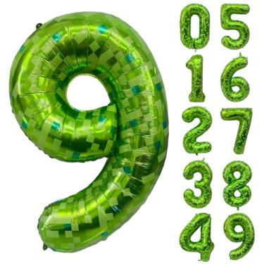 Imagem de Balões de números verdes, gaint green pixel número 9 balão 101,6 cm verde escuro 9 balões para meninos meninas crianças 9º aniversário decoração de festa