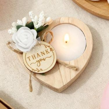 Imagem de FYSUIMU Conjunto de velas de madeira, 50 peças, suporte de vela de coração com flor sintética, etiqueta de agradecimento para aniversário, chá de bebê, festa de casamento, suprimentos