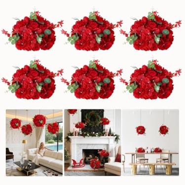 Imagem de QinmiGarden Bola de flor artificial rosa vermelha sintética hortênsia seda floral meia bola de centro de mesa de casamento decorações de mesa para festa casa quarto evento arranjo de mesa (6, vermelho