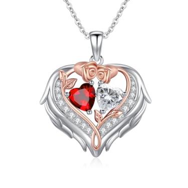 Imagem de WYDDO Colar de coração com asas de anjo para mulheres, pedra do mês de nascimento duplo, pingente de flor de rosa, presente ideal para aniversário, Natal, presente para esposa, mãe, namorada, filha