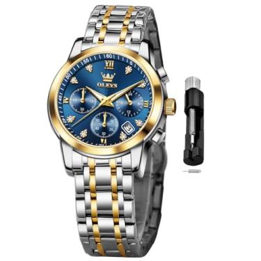 Imagem de OLEVS Relógio feminino multifuncional em dois tons, moderno, analógico, quartzo, feminino, aço inoxidável, à prova d'água, diamante, para mulheres, relógio azul feminino 2858, relógio feminino