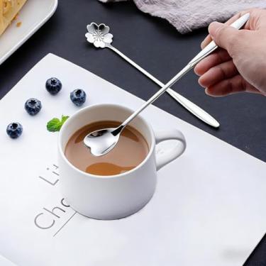 Imagem de Conjunto de 4 colheres de chá de flores de aço inoxidável dourado design de alça floral para servir café, sorvete e sobremesa, SilverShort