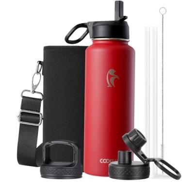 Imagem de Coolflask Garrafa de água 1,134 g isolada com canudo, 3 tampas de metal de aço inoxidável, garrafa de água para esportes ou escritório, mantenha frio 48H quente 24H, vermelho