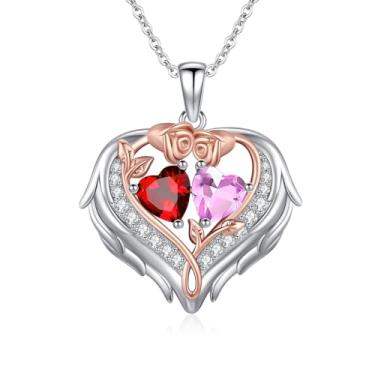 Imagem de WYDDO Colar de coração com asas de anjo para mulheres, pedra do mês de nascimento duplo, pingente de flor de rosa, presente ideal para aniversário, Natal, presente para esposa, mãe, namorada, filha