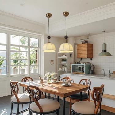 Imagem de Luminária pendente de tecido para mesa de jantar, iluminação de teto moderna com cúpula dupla de tecido, ideal para sala de jantar, sala de estar, quarto e cozinha.