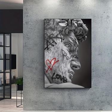 Imagem de 1 peça de impressão de arte em tela sem moldura de paródia de David de Michelangelo - Decoração de parede cinza moderna com grafite e detalhes de coração para sala de estar, quarto. (Observação: sem