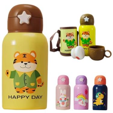 Imagem de Garrafa Térmica Infantil 500 ml Aço Inox Com Bolsa Canudo e Caneca Garrafinha Escolar Infantil (Amarelo)