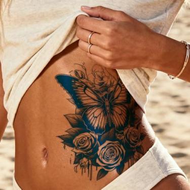 Imagem de Tatuagens minimalistas semipermanentes de suco de ervas, borboleta, rosa, 7 a 14 dias, sem queda, sem reflexo, perna, ombro, pescoço, braço, corpo, adesivos de tatuagem à prova d'água 1 pacote