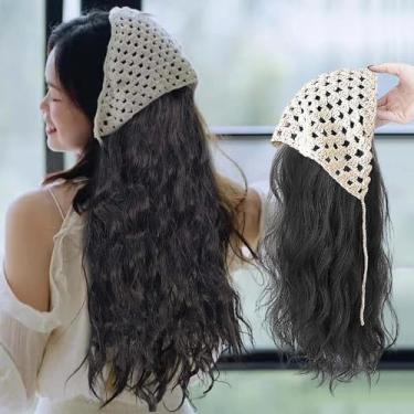 Imagem de Linda faixa de cabelo sintético encaracolado com bandanas elástico natural extensão de cabelo faixa de cabelo para decoração de cabelo feminina (preto, 70 cm)