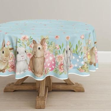 Imagem de Horaldaily Toalha de mesa redonda de Páscoa, 228 cm x 224 cm, coelhinhos da primavera, azul, grão de madeira, lavável, capa de mesa sazonal para decoração de festa, piquenique, jantar