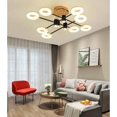 Imagem de Luminária de teto LED moderna, 85cm/120w, preta e dourada, para sala de estar, com controle remoto e intensidade ajustável, luminária pendente redonda (com spots) adequada para quartos, ilum