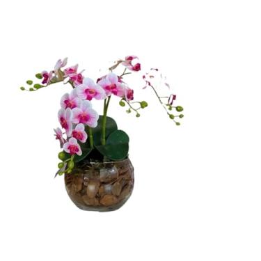 Imagem de Planta Artificial，Plantas Artificiais Decorativas Pequenas，Arranjo de OrquíDeas Artificiais Decorativas Com 4 Hastes E Vaso de Vidro - DecoraçãO Moderna Para Sala, EscritóRio Ou Eventos(Lilas)