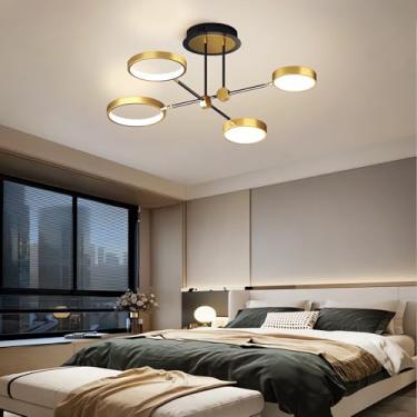 Imagem de Luminária de teto LED moderna Φ75cm, dimerizável, de embutir, 48W, redonda, com controle remoto, em acrílico, para sala de estar, quarto, cozinha, corredor e escritório (dourada, 4 lâmpadas)