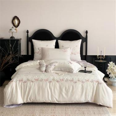 Imagem de Conjunto de cama Jacquard macio, sedoso e com toque fresco, com bordado de borboletas, incluindo capa de edredom, lençol de baixo e lençol de elástico. Cor 1. Lençol de baixo: 1,8 MB.